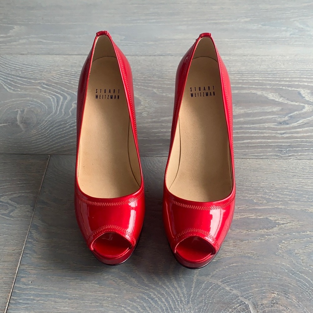 Stuart Weitzman Red Patent Peep-Toe Pumps